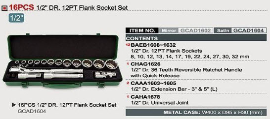 16PCS 1/2"" DR. 12P Flank Socket Set Satin Chrome/ Metal Box