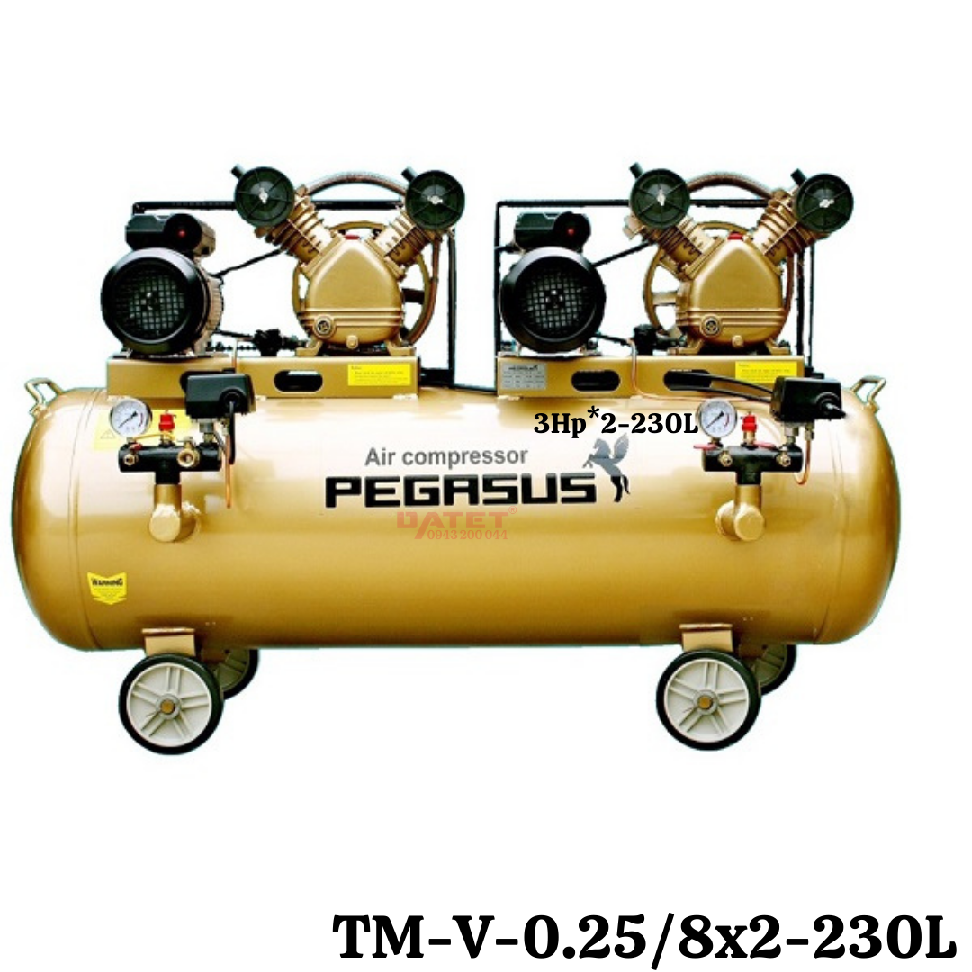 Máy nén khí dây đai 2 đầu nén, 2 motor Pegasus TM-V-0.25/8x2-230L